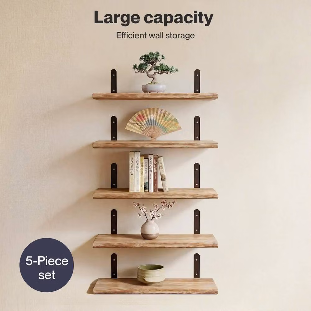 Kelvenix Set of 5 Rustic Wood Floating Wall Mounted Shelves, Brown – 2