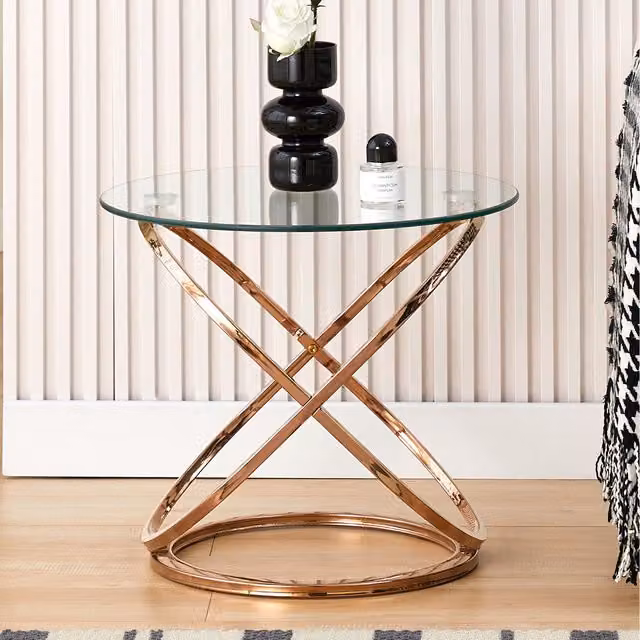 Comfy Living Modern Round Glass Top Side Table with Gold X-Frame