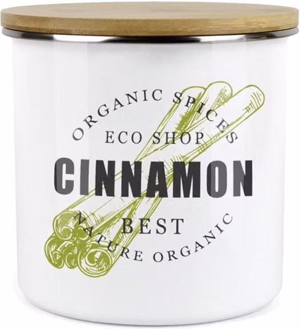 Purely Home Green Label Herbs Storage Canister, Cinnamon, White and Green Enamel Metal