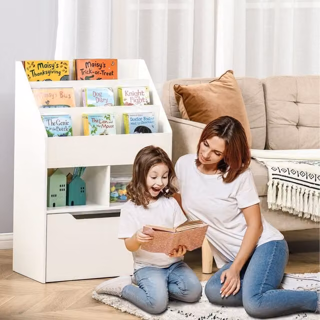 HOMCOM Kids Bookshelf with Storage Drawer and Wheels, White
