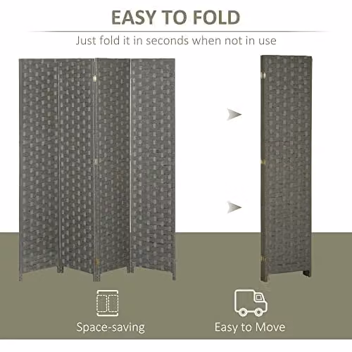 HOMCOM 4-Panel Retro Folding Room Divider Privacy Screen in Grey with Wood and Rattan Design – 3