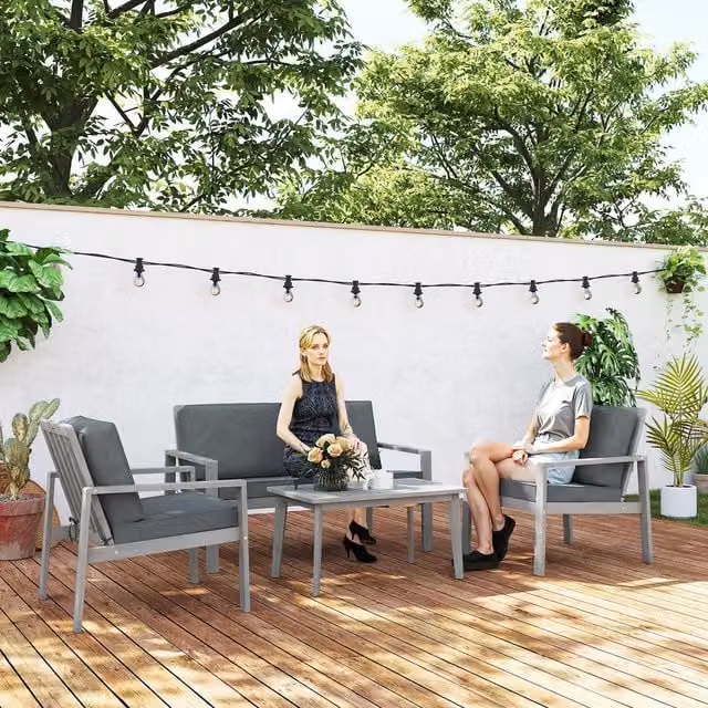Outsunny 4 Piece Modern Acacia Wood Garden Furniture Set with Light Grey Cushions