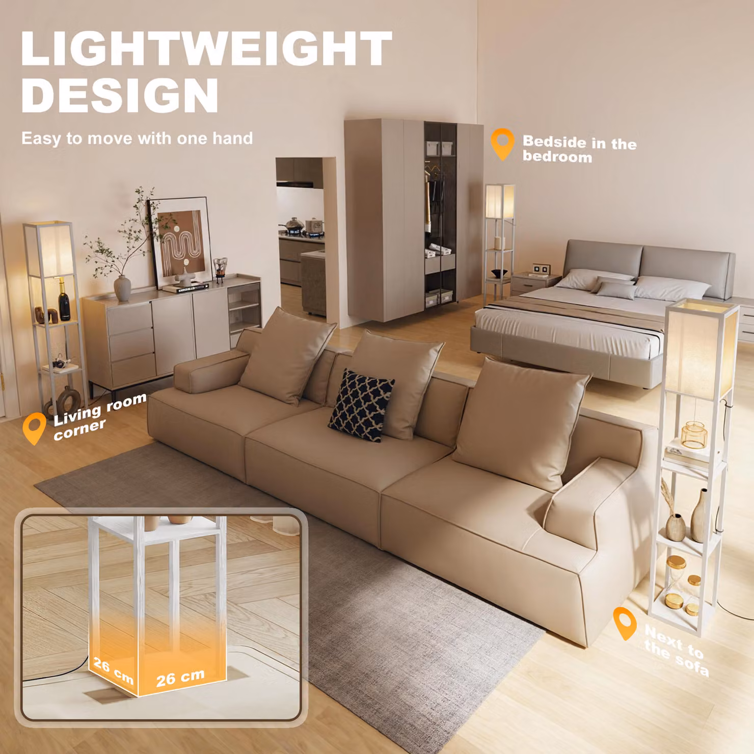 HOMCOM White Floor Lamp with 3-Tier Storage Shelf for Living Room and Bedroom – 5