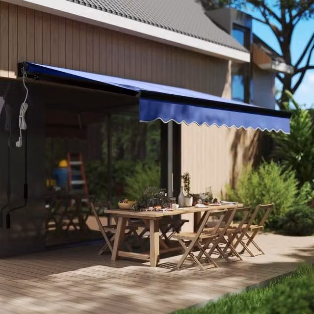 Outsunny Electric Awning with LED Light and Remote Controller, Blue, W: 3 m, D: 2.5 m