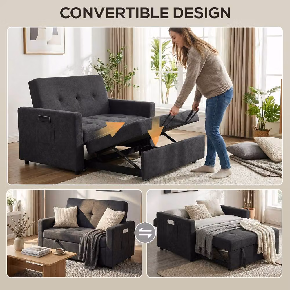 HOMCOM 2 Seater Click-Clack Sofa Bed with Scatter Cushions, Black, W/D/H: 120 x 84 x 86 cm – 3