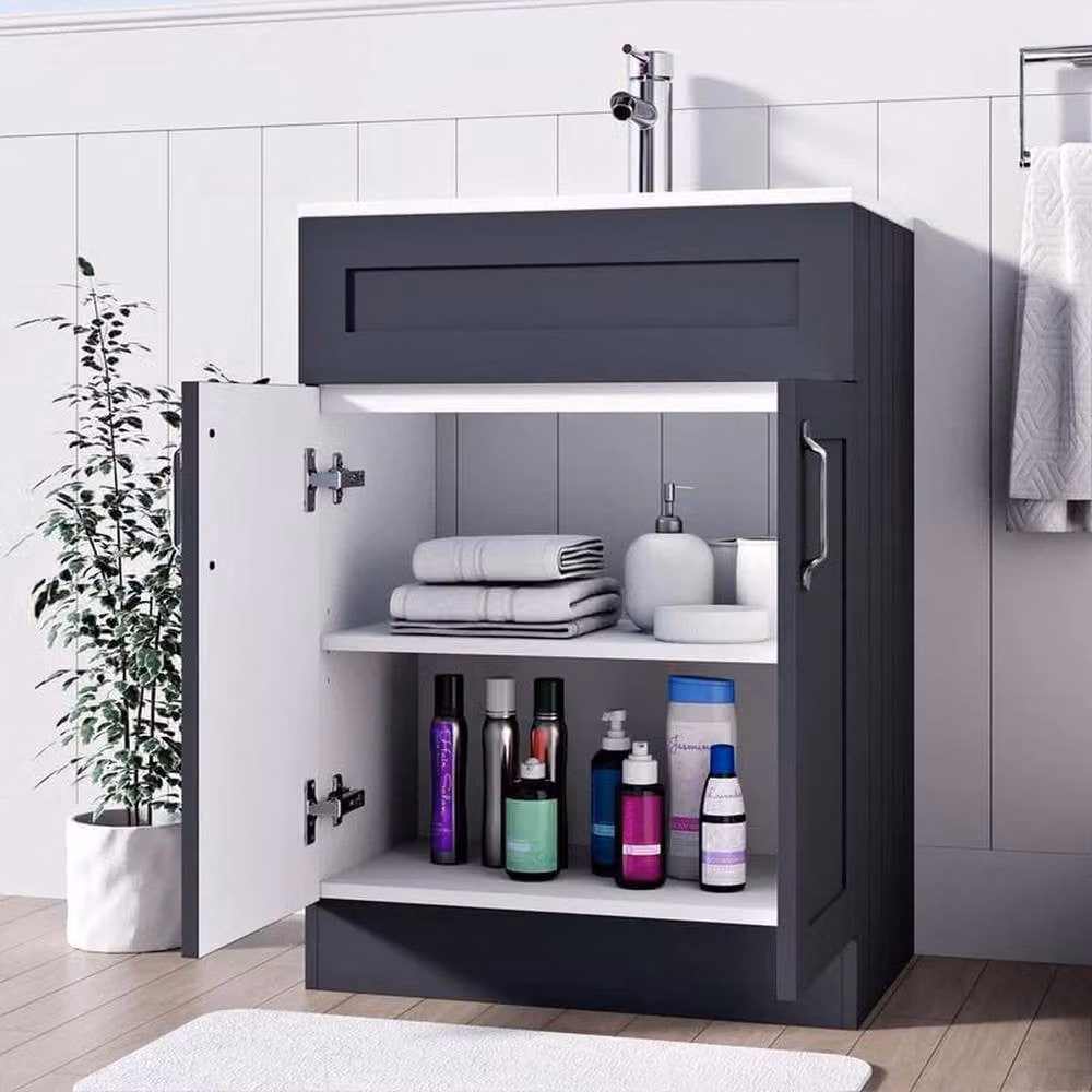 FORGEVIO Modern Grey Matt Freestanding Bathroom Basin Vanity Unit with Hinged Doors and Internal Shelves, Width: 60 cm – 2