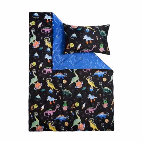 OHS Reversible Space Dino Kids Duvet Cover and Pillowcase Set, Blue and Black, Duvet Cover: 200 x 200 cm, Pillowcase: 40 x 60 cm – 6