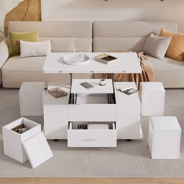 Rolipo White Lift Top Coffee Table with 4 Stools and Hidden Storage Set of 2 – 1