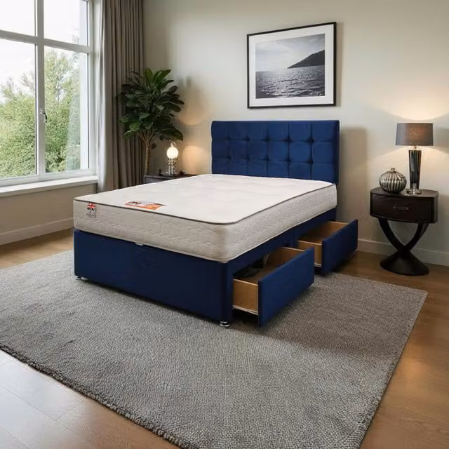 Knight Sleep Cubed Plush Upholstered Bed Set with Mattress and 24 inch Headboard in Blue, W/D: 140 x 200 cm