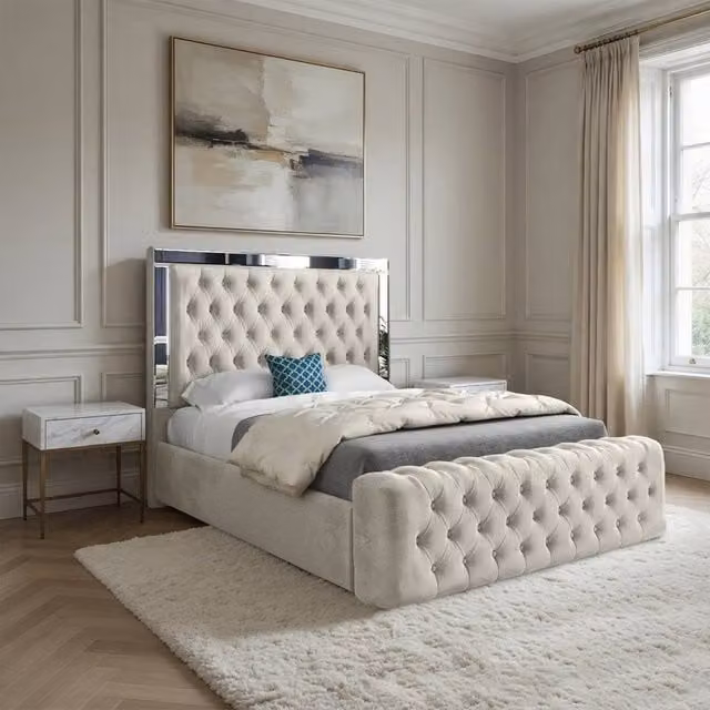 Casani Loweswater Mirror Upholstered Designer Bed Frame in Beige Velvet, W/D/H: 137 x 90 x 98 cm