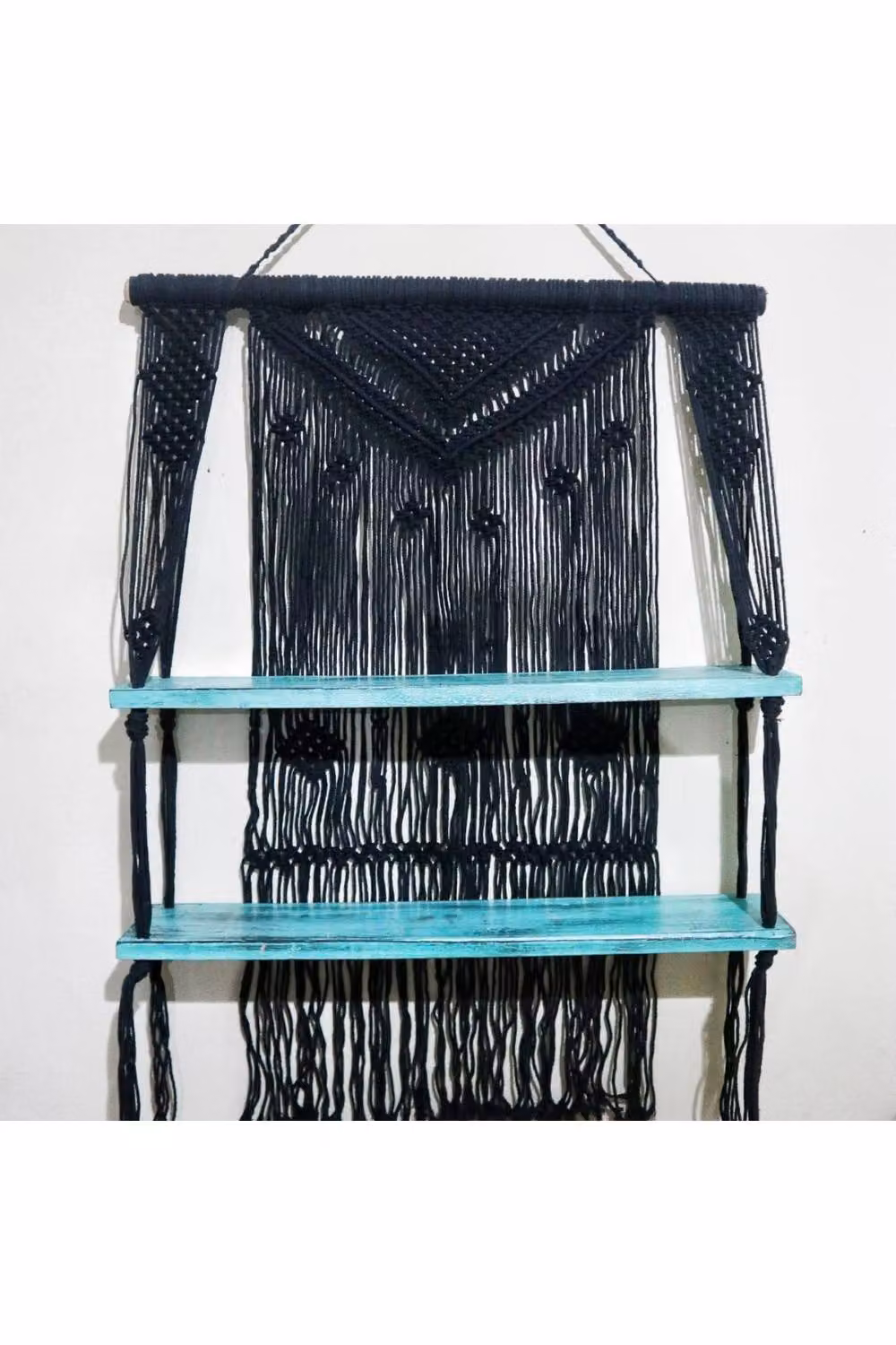 KDMD Black and Turquoise Macrame Hanging Shelves with Wood and Cotton Rustic Wall Mounted Design – 3