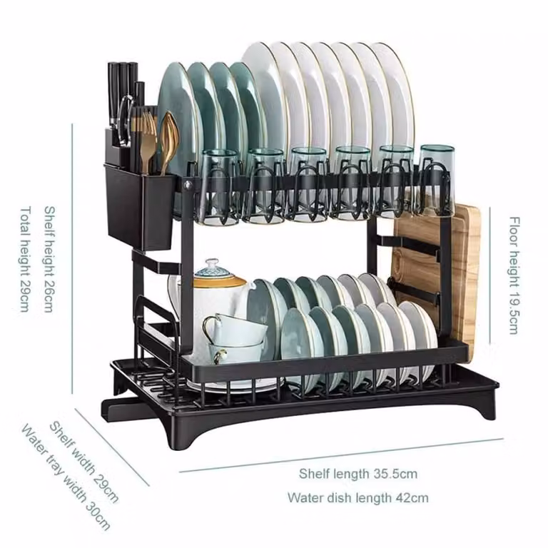FLAVORA Black 2 Tier Metal Dish Drainer Rack with Drip Tray and Cutlery Holder