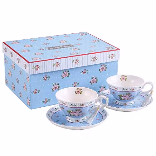 London Boutique Rose Blue Floral Tea Cup and Saucer Set of 2 in New Bone China and Porcelain
