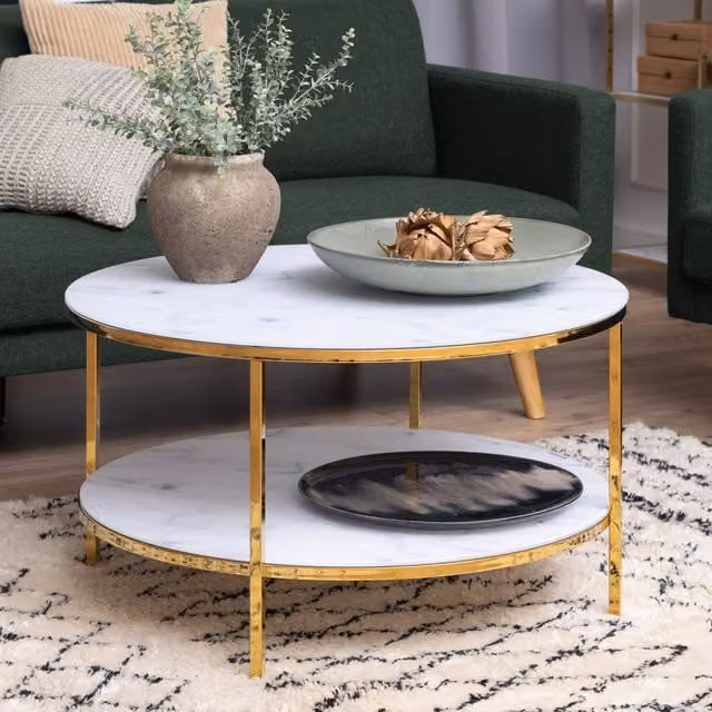 Alisma Round Coffee Table with White Marble Glass Top and Gold Metal Legs by Furniture To Go