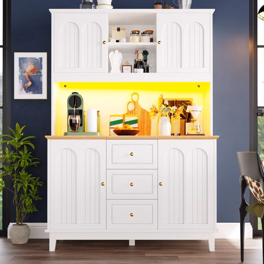 Merax White Pantry Cabinet Kitchen Dresser with Integrated LED Lighting and Adjustable Shelves, W/D/H: 120 x 40 x 180 cm – 2