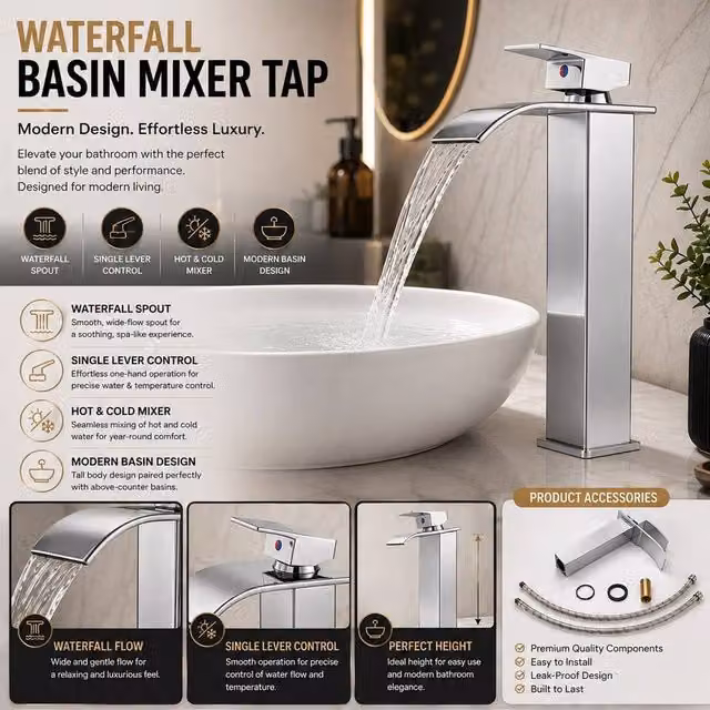 ATEK Silver Waterfall Tall Basin Mixer Tap, Chrome Finish Single Lever Brass Monobloc Faucet for Bathroom or Kitchen Sinks