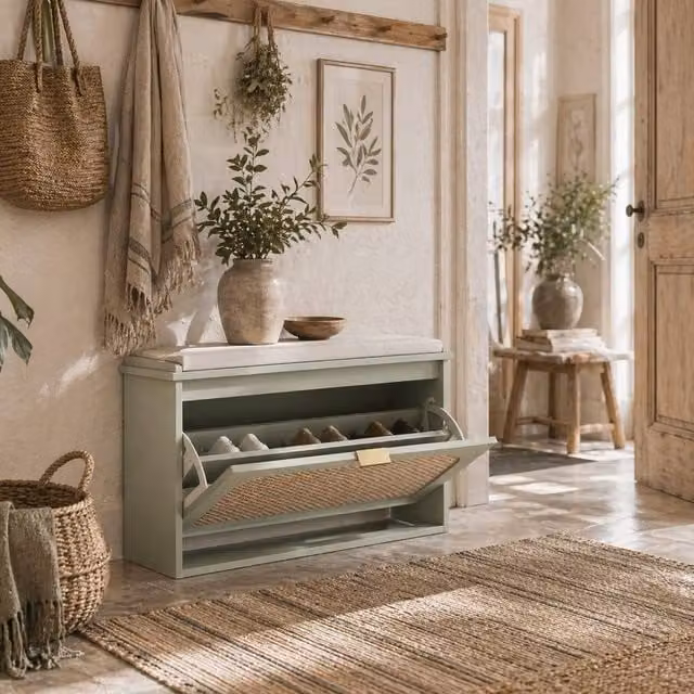 Wyld Haus Rikena Coyo Light Green Boho Shoe Bench with Cushioned Seat and Flip Drawer