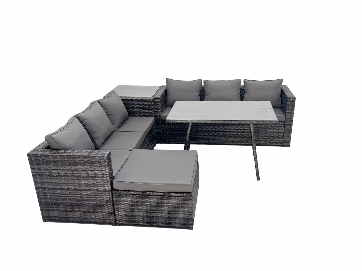 Fimous Rattan Dining Set with Sofa, Side Table and 2 Footstools in Dark Grey – 2