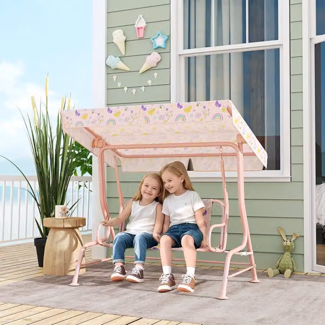 AIYAPLAY 2-Seat Pink Floral Swing Chair Hammock with Sun Canopy and Safety Belt
