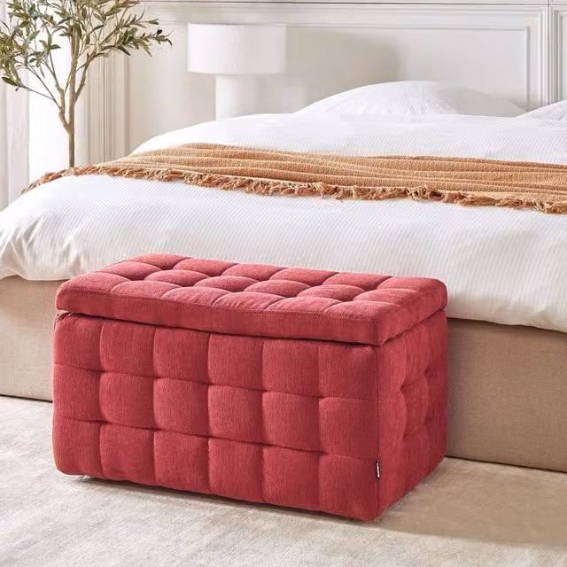 Wyld and Coco Red Tufted Fabric Storage Ottoman Bench W: 74 cm, D: 42 cm, H: 40 cm – 1