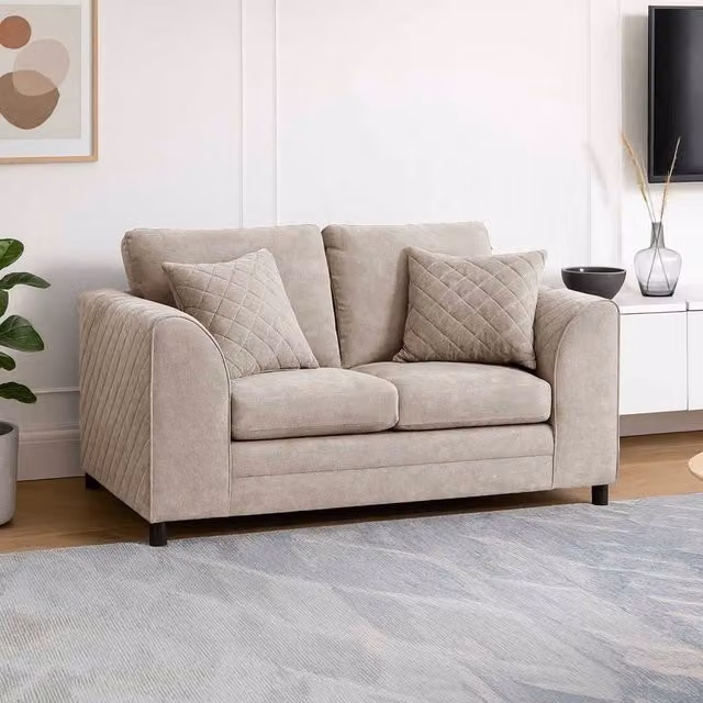 Furnishings For Less UK 2 Seater Quilted Chenille Fabric Sofa in Beige with Scatter Cushions and Removable Covers