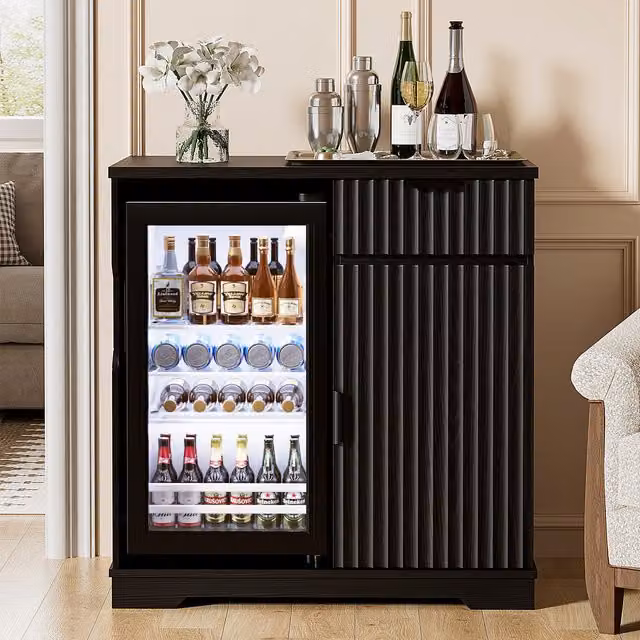BROTTAR Black Mini Fridge and Coffee Bar Cabinet with Glass Doors and Integrated Lighting