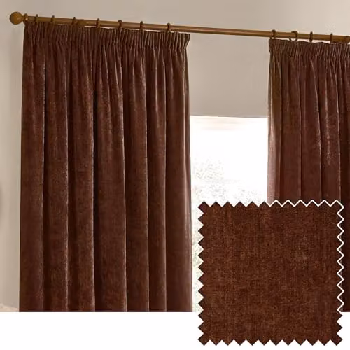 Yard Heavy Chenille Velvet Pencil Pleat Curtain Pair in Brown, W: 168 cm, H: 137 cm – 1