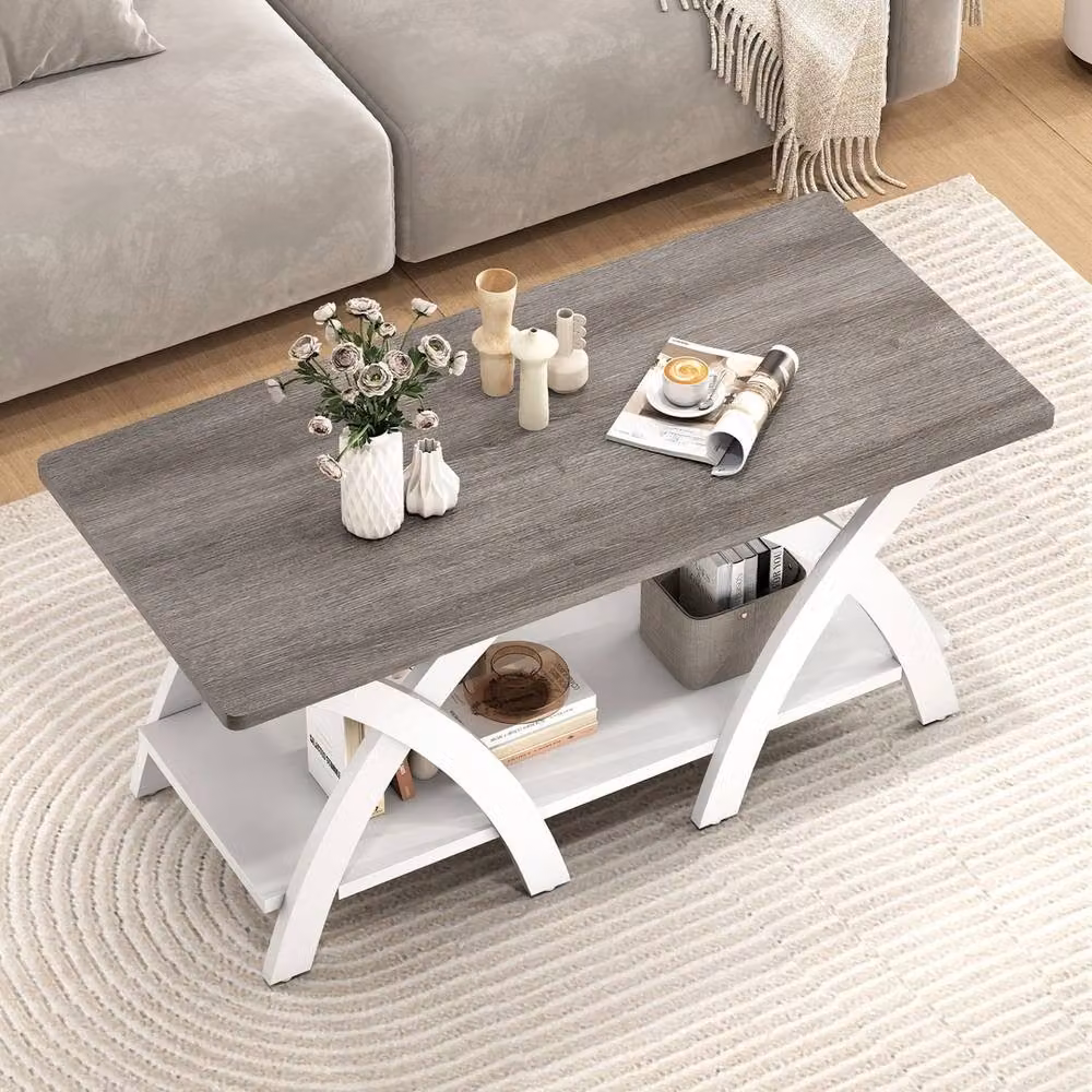 VOGREX Grey Wooden Coffee Accent Table with Storage Shelf – 2