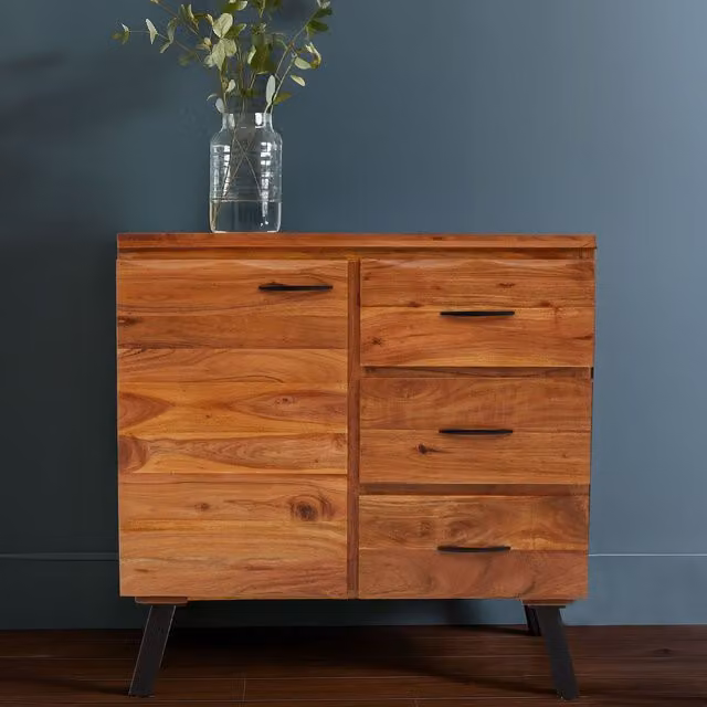Orsina Small Acacia Wood Sideboard in Natural Brown and Black, 1-Door and 3-Drawer Industrial Buffet Cabinet, W: 90 cm, H: 40 cm, D: 90 cm