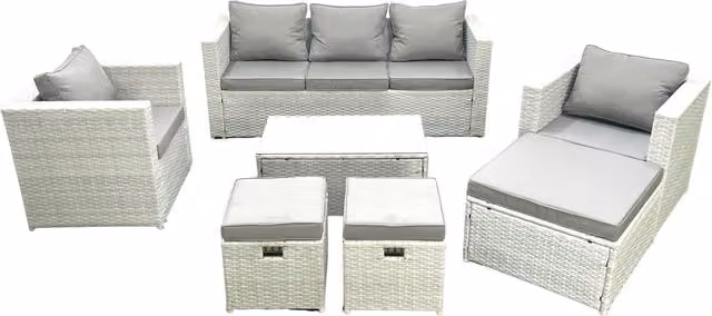 Fimous Rattan Garden Outdoor Furniture Set in Light Grey with Rectangular Coffee Table, 2 Chairs and 3 Footstools