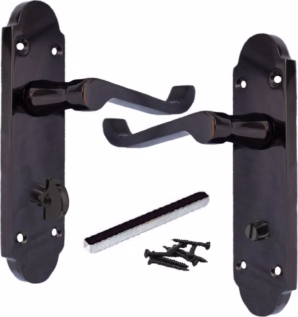 Betley Victorian Scroll Lever Bathroom Door Handle with Lock, Black Nickel and Black Plate