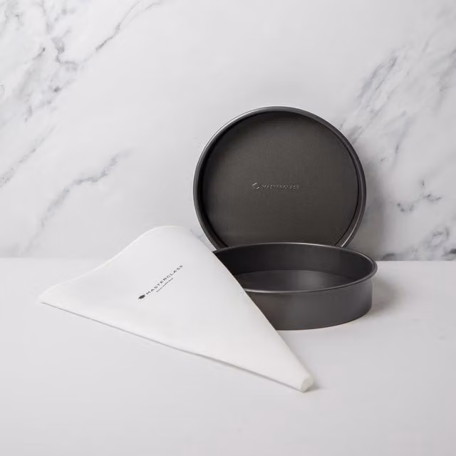 Masterclass 3-Piece Non-Stick Grey Baking Set Including Two 20cm Round Loose Base Sandwich Cake Tins and an Icing Piping Bag