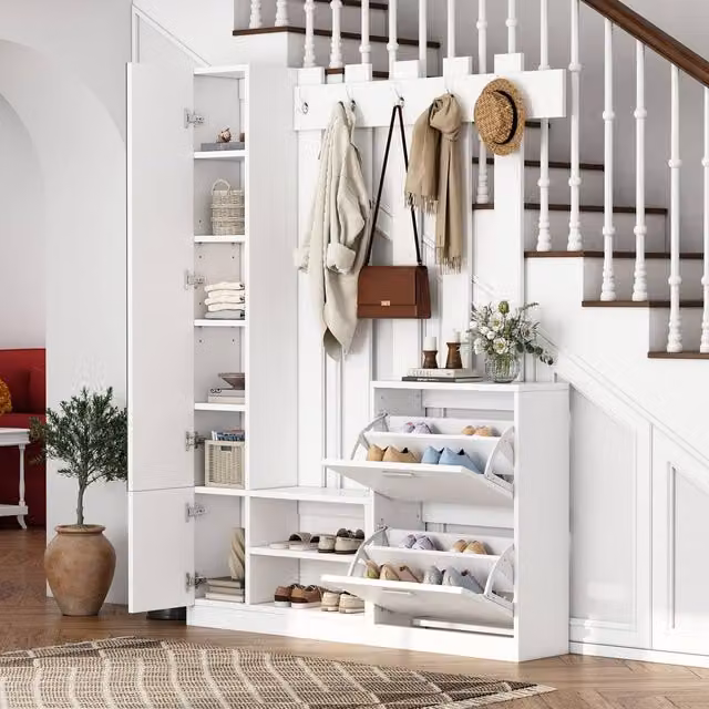 Rolipo 5-in-1 Modern White Hall Tree with Mirror and Shoe Storage Bench