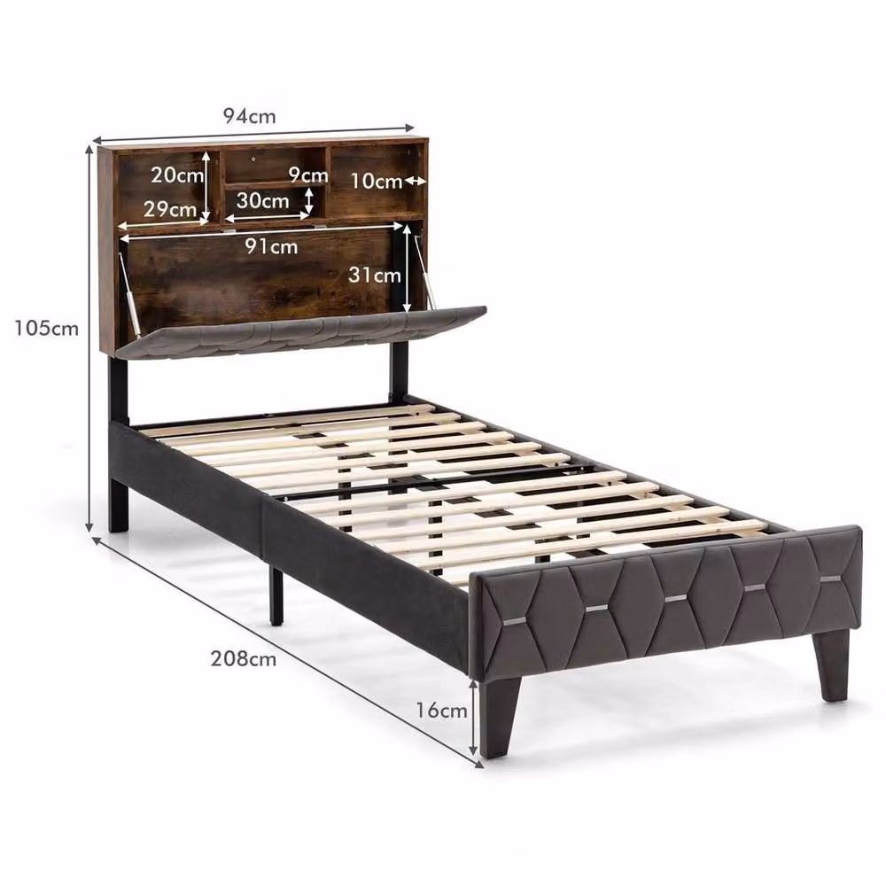 SPETLEK Single Upholstered Platform Bed Base with Storage and Headboard in Grey, W/D/H: 90 x 190 x 31.5 cm – 2