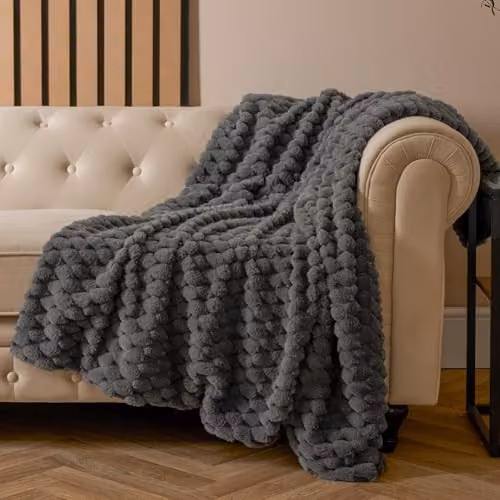 OHS Faux Fur Waffle Throw Blanket in Charcoal Grey, W/D/H: 125 x 150 cm – 2
