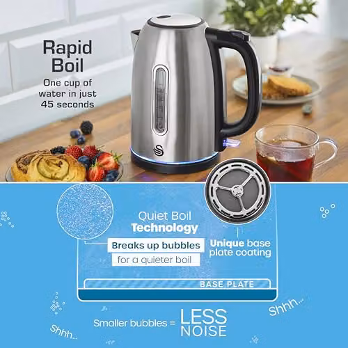 Swan Quiet Boil Stainless Steel Cordless Kettle in Silver with Removable Limescale Filter and 3kW Fast Boil – 3