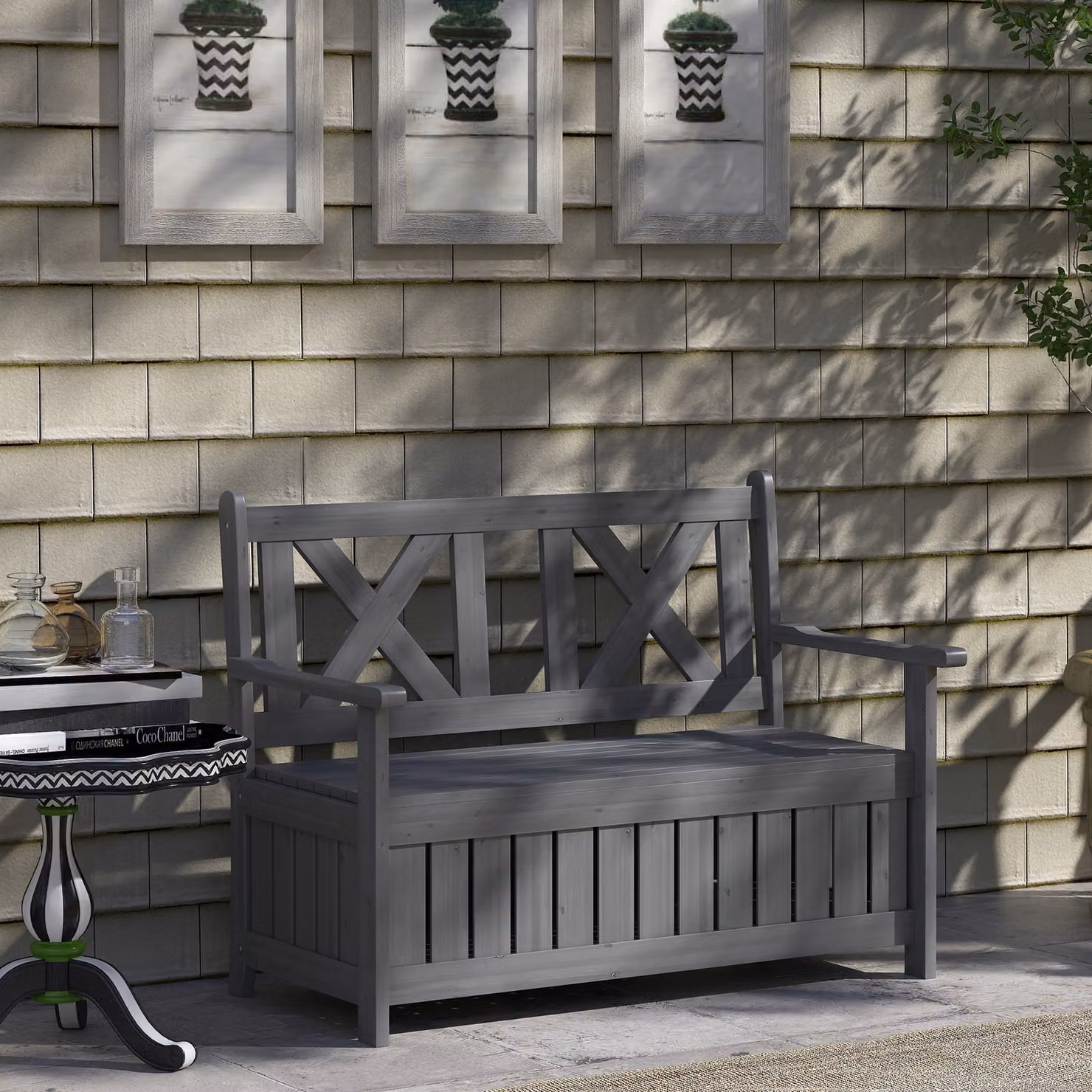 Outsunny 2-Seater Garden Storage Bench in Grey Treated Hardwood with Armrests, W/D/H: 115 x 85 x 220 cm – 9