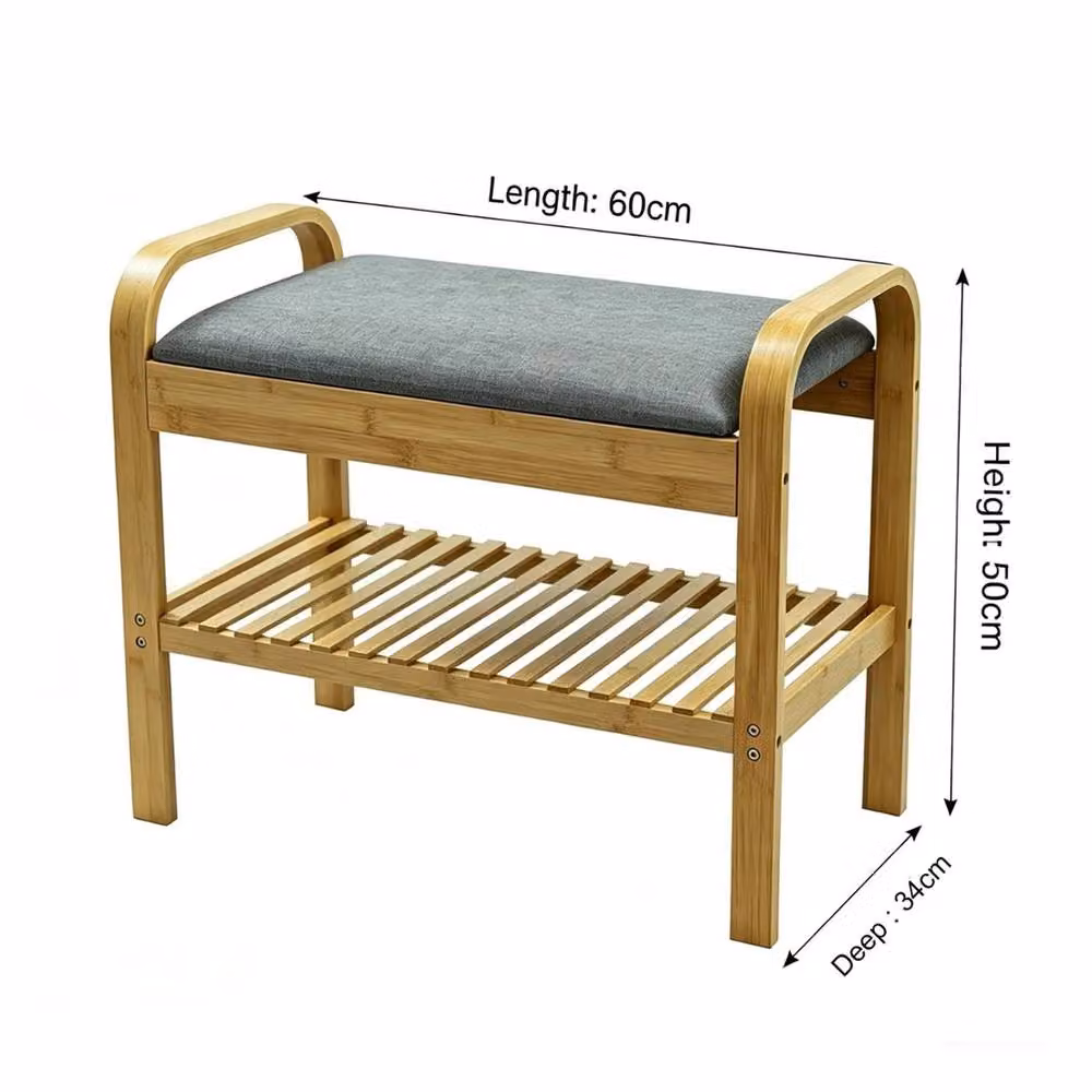 Nordara 2 Tier Bamboo Shoe Rack Bench with Fabric Cushion Seat in Brown – 2