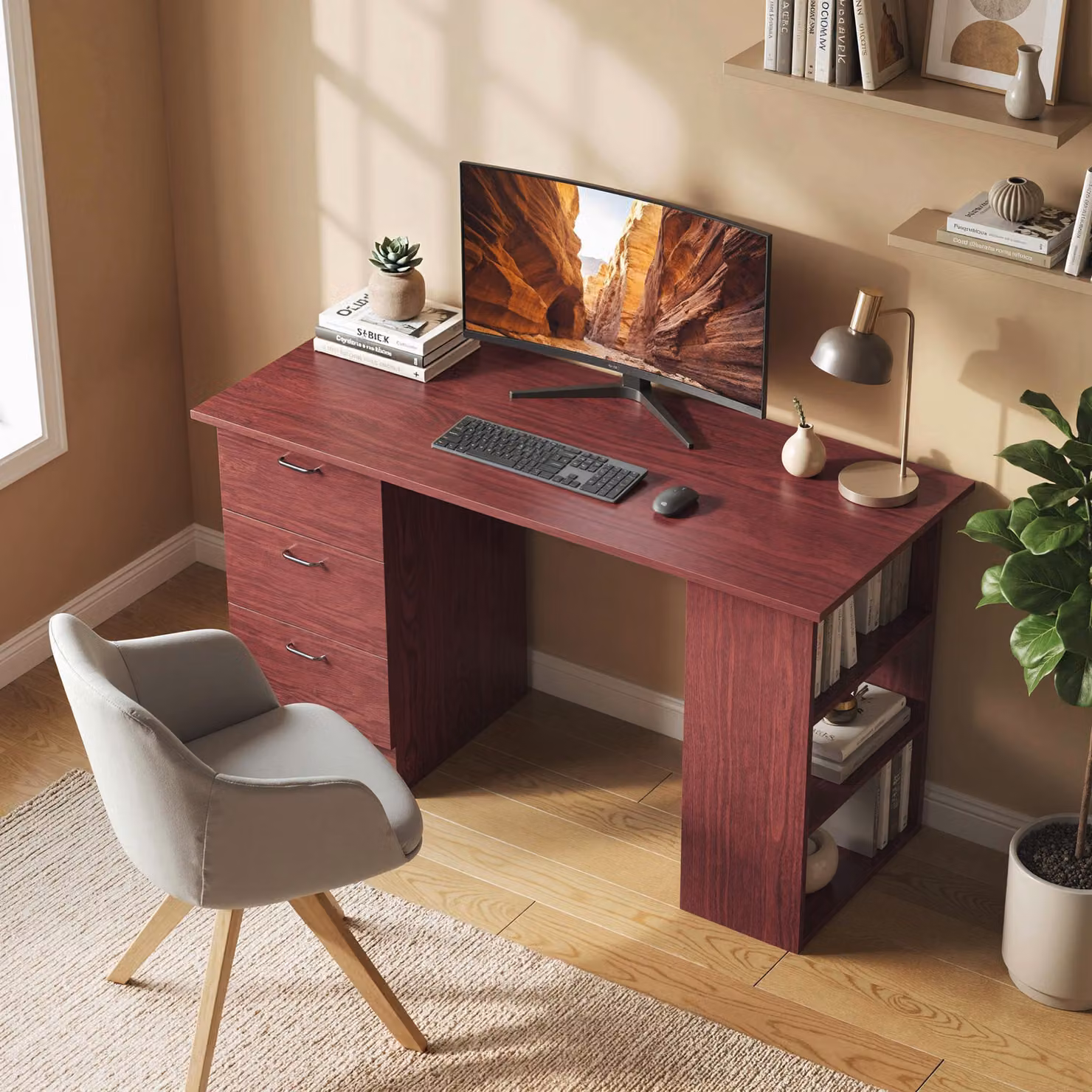 HOMCOM Computer Desk and Writing Table with 3 Storage Shelves and Drawers in Brown – 2