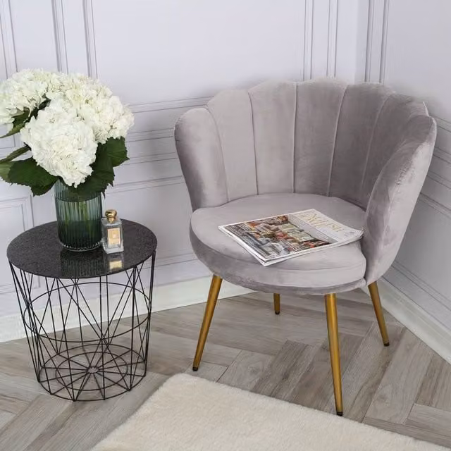Home Garden Direct Flora Grey Velvet Accent Chair with Scalloped Shell Design and Metal Frame