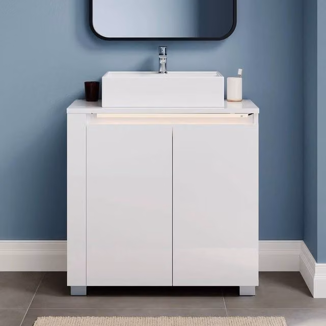 ERGOVEXA White High Gloss Freestanding Bathroom Vanity with Sensor LED Lighting