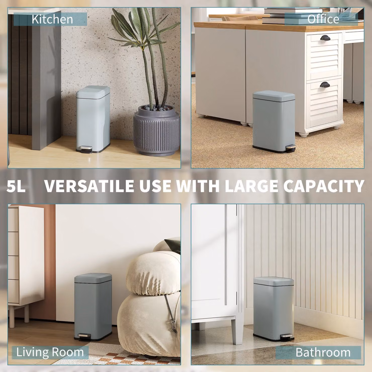 HOMCOM 5L Rectangle Compact Steel Pedal Bin with Quiet-Close Lid and Removable Inner Bucket in Grey – 5
