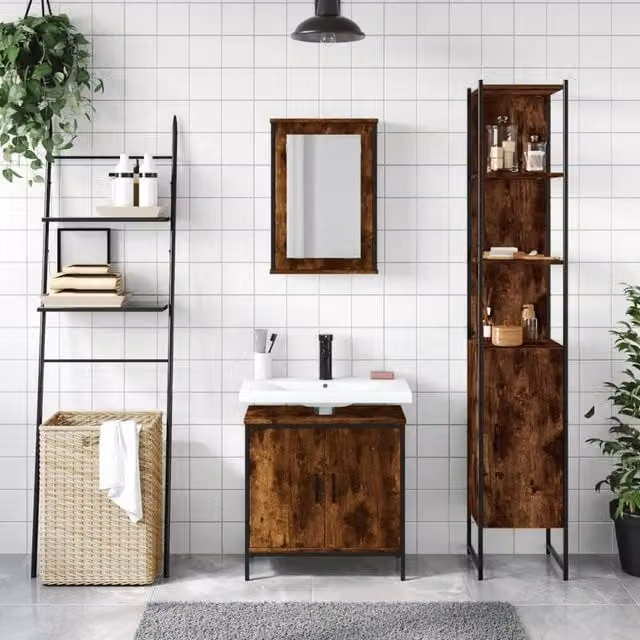 Berkfield Home 3 Piece Industrial Bathroom Furniture Set in Brown Smoked Oak – 1