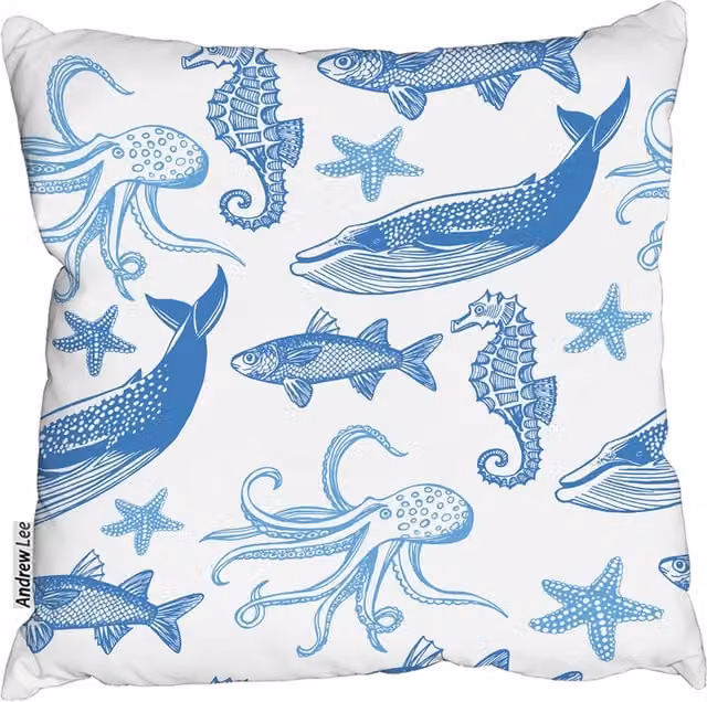 Andrew Lee Sealife Nautical Square Cushion in Blue and White, W/D/H: 60 x 60 x 60 cm