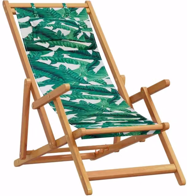 Berkfield Home Beautiful Set of 2 Folding Beach Chairs with Floral Pattern Fabric and Oiled Wood in Green and Multicolour
