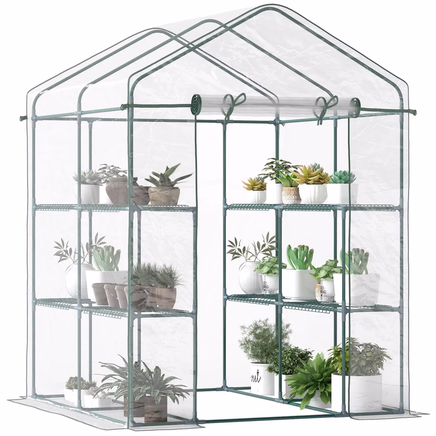 Outsunny Portable Walk In Greenhouse with 8 Shelves and Metal Frame, Transparent, Height: 143 cm – 2