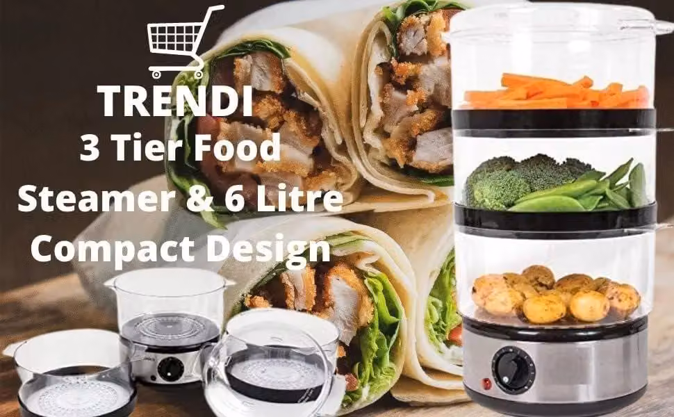 Trendi 3-Tier 6L Food Steamer with Timer and Rice Bowl in White – 3