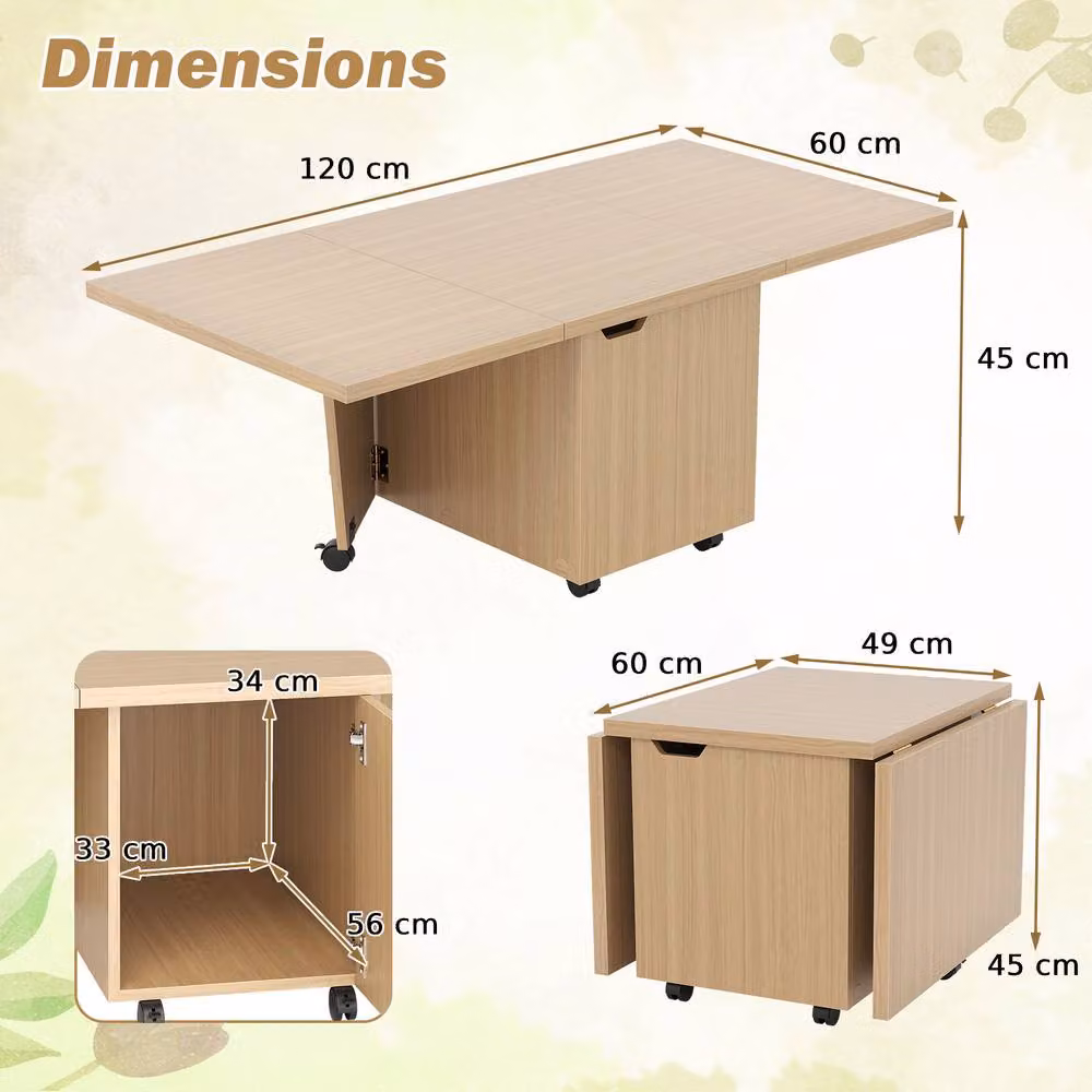 Costway Extendable Coffee Table with Storage and Castors in Light Oak, 120 cm – 2