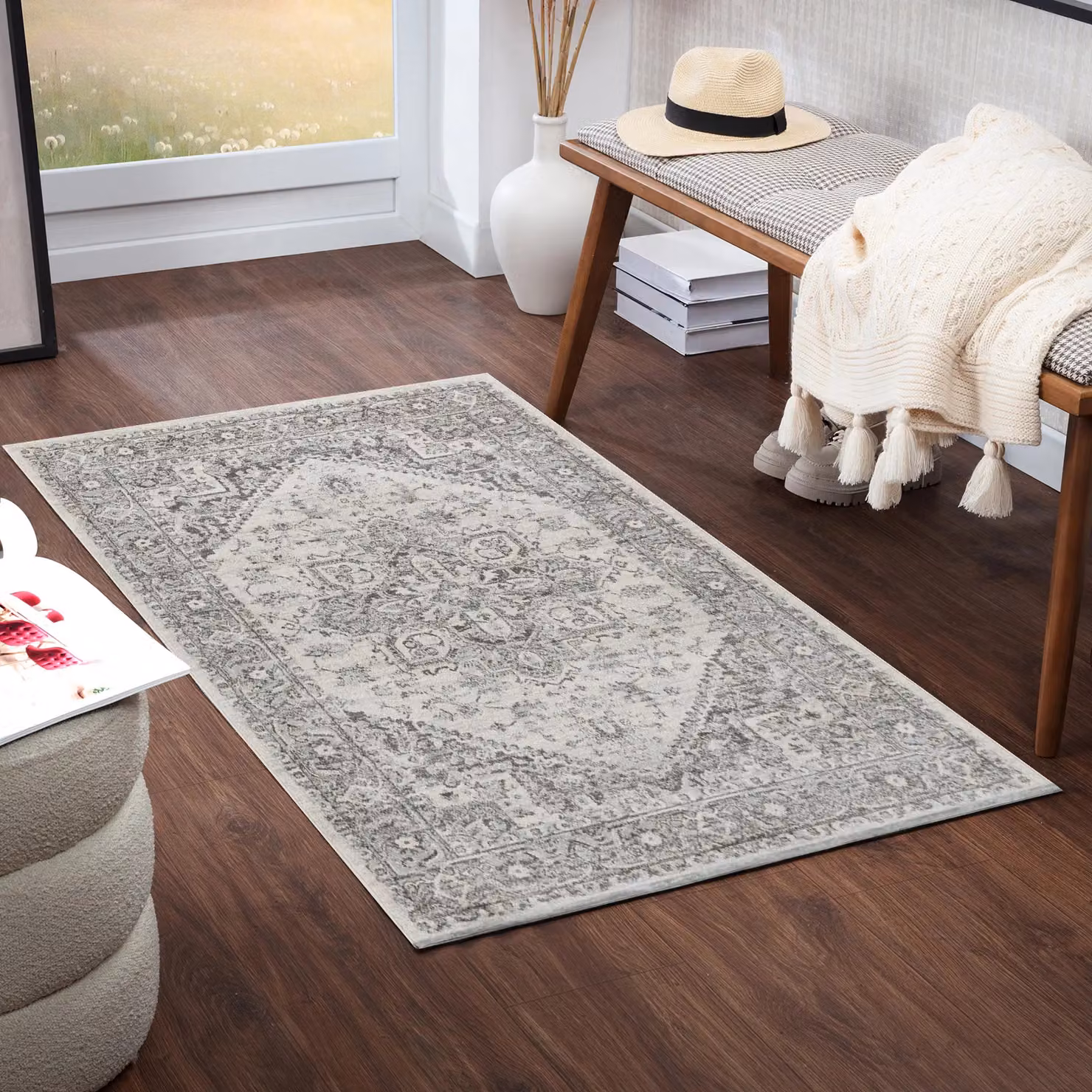 Livabliss Chester Vintage Grey and White Boho Traditional Rug, W: 120 cm x D: 170 cm – 4