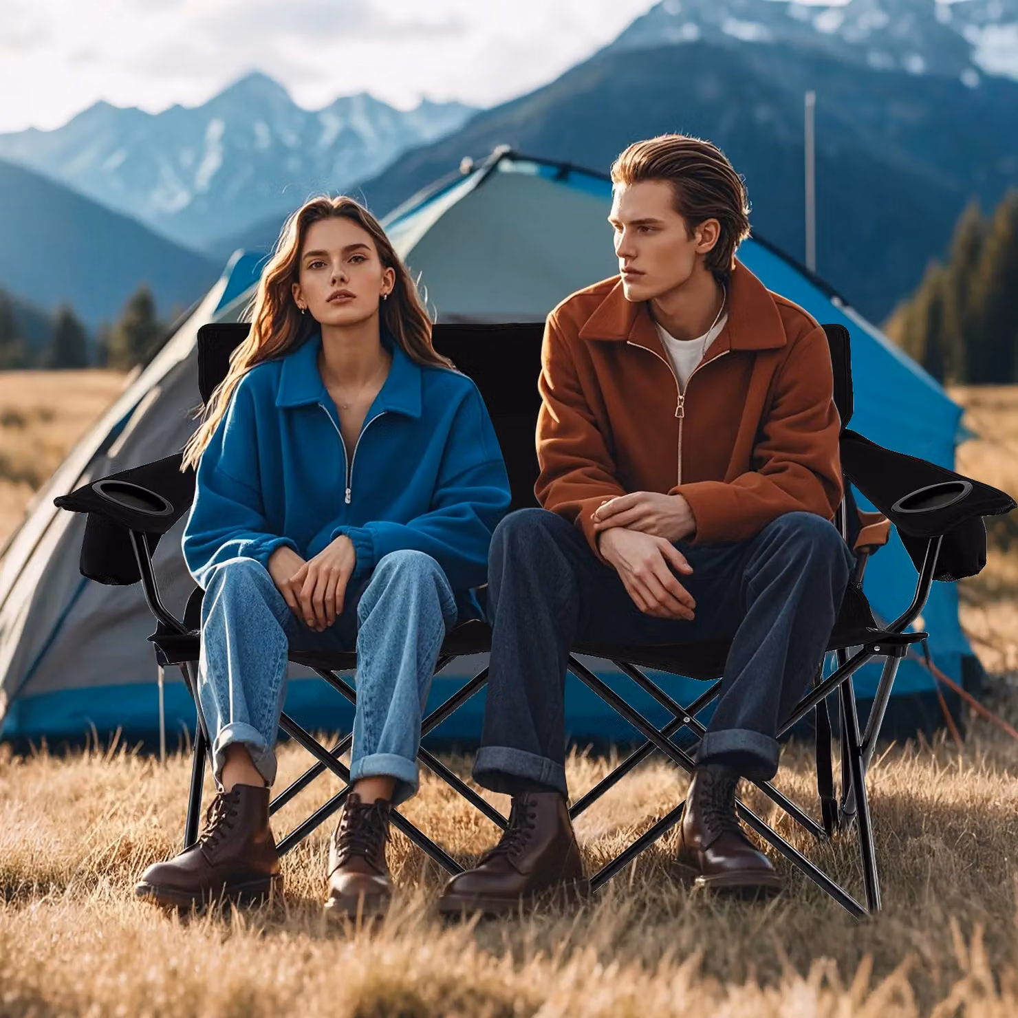 Gymax Oversized Double Camping Chair for 2 Adults in Black with Armrests and Cup Holders – 7